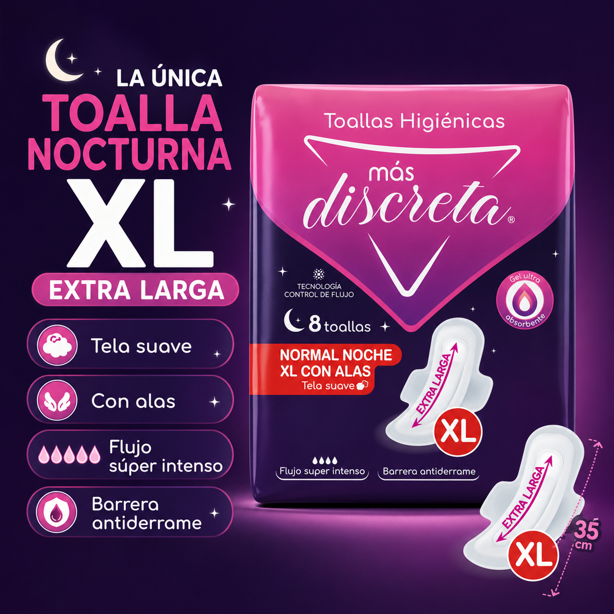Atributos Más discreta Toalla Higiénica Nocturna XL Con Alas 8 unidades